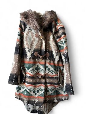 Vintage Y2K BB Dakota Aztec Toggle Coat with Faux Fur Hood - Multi-Color